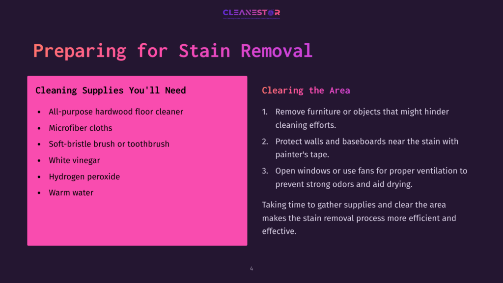 4 Preparing For Stain Removal List Of Cleaning Supplies For Hardwood Floors, Including Cleaner, Microfiber Cloths, And A Toothbrush, Highlighted Against A Purple Background.