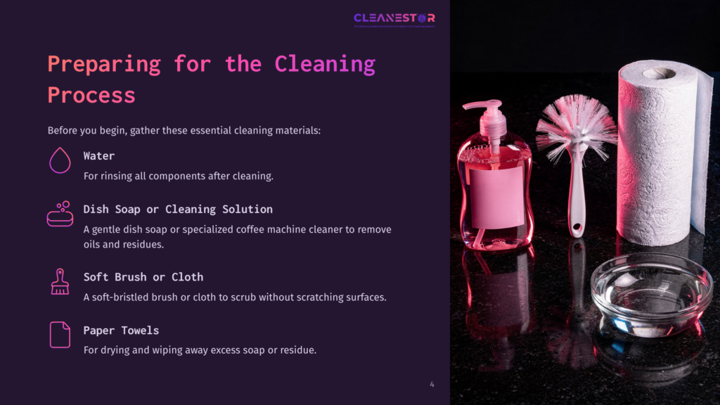A Layout Featuring Cleaning Supplies: Pink Soap Dispenser, Soft Brush, Cloth, Paper Towels, And Water, Set Against A Dark Countertop.