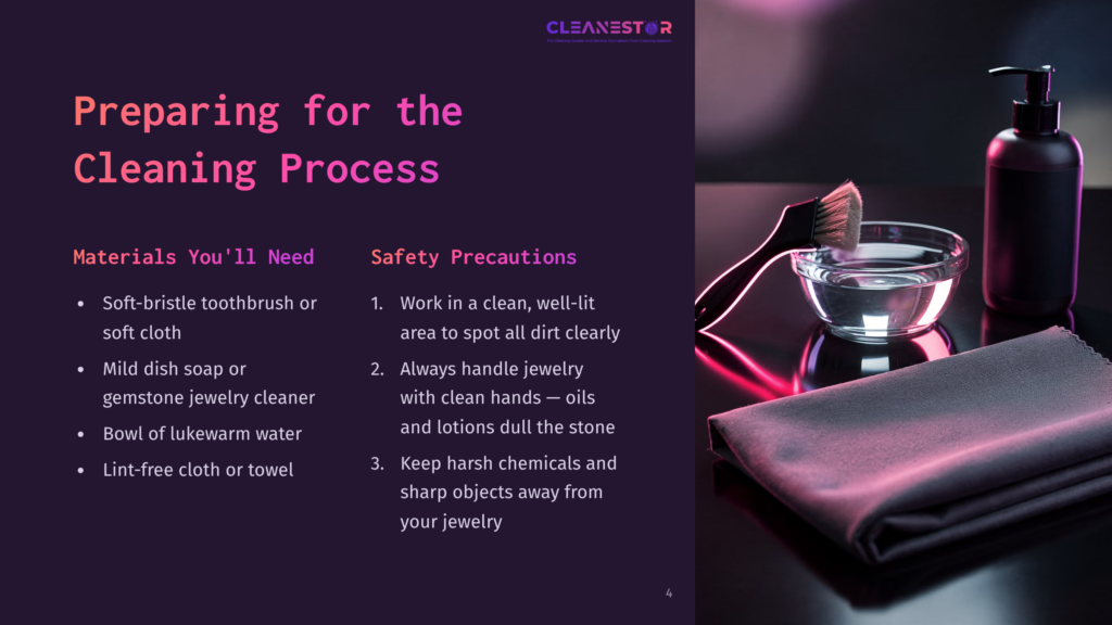 A Glass Bowl Of Soapy Water And A Soft Brush Sit Next To A Dark Cloth, With A Bottle Of Cleaning Solution In The Background, Suggesting Jewelry Cleaning Supplies And Preparation.
