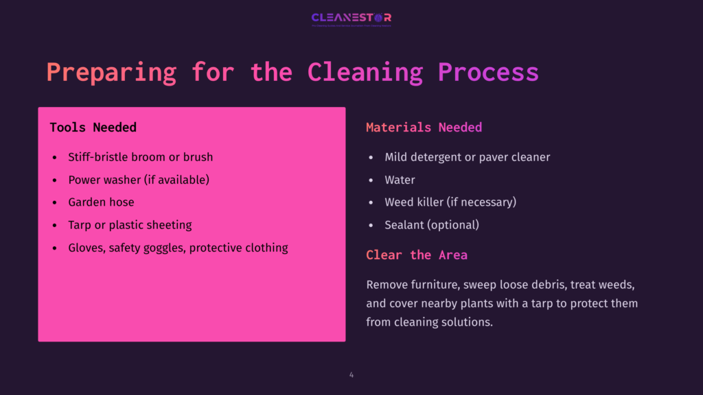 Presentation Slide Titled &Quot;Preparing For The Cleaning Process&Quot; Lists Tools Like Stiff-Bristle Broom, Power Washer, Garden Hose, Tarp, And Gloves, And Materials Including Mild Detergent, Water, Weed Killer, And Sealant.