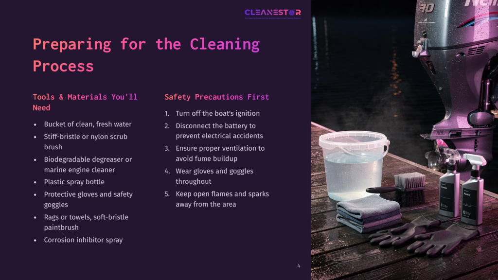 A Close-Up Of Cleaning Supplies For A Boat, Including A Bucket Of Water, Brushes, Microfiber Towels, Gloves, And Spray Bottles, Laid Out On A Wooden Dock Next To A Boat Motor.