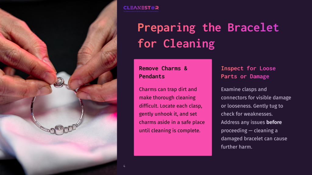 A Person Delicately Holds A Silver Alex And Ani Bracelet, Preparing To Remove Charms For Cleaning, With Text On Cleaning Instructions Beside.