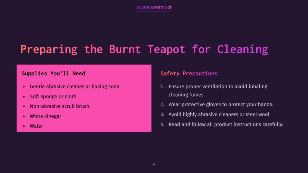 List Of Cleaning Supplies For A Burnt Stainless Steel Teapot, Including Abrasive Cleaner, Cloth, Sponge, Scrub Brush, Vinegar, And Water.