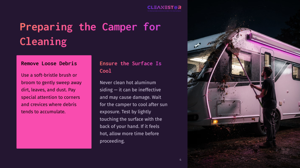 A Camper With Aluminum Siding Parked At Dusk, Illuminated By Purple Light. Text Outlines Steps For Cleaning Camper Surfaces.
