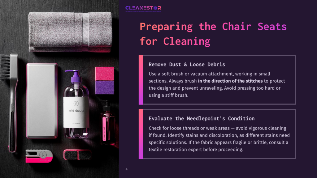 A Cleaning Kit With A Soft Brush, Cleaner Bottle, Towel, And Vacuum Attachment On A Purple Background, Outlining Care Instructions.