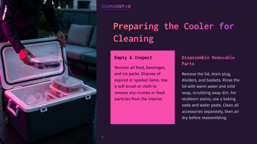 A Gray Cooler With A Pink Lid Sits Open, Revealing Food Containers Inside. Text Instructions On The Left Detail Cleaning Steps.