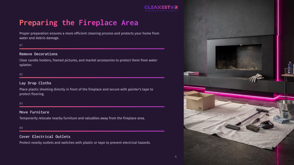 A Modern Fireplace Wall With A Sleek Design, Featuring A Black Mantel, Pink Lighting, And A Covered Floor. Boxes And Cleaning Items Are Nearby.