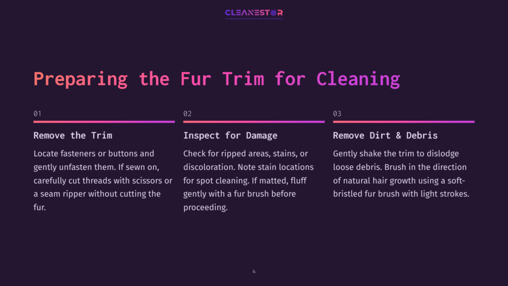 Text On A Dark Purple Background With White And Pink Headings, Outlining Steps For Cleaning Fur Trim: Remove The Trim, Inspect For Damage, And Remove Dirt.