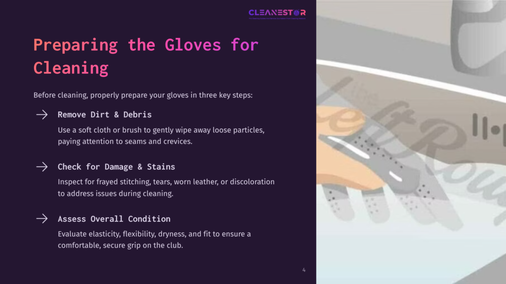 Cleanestor Logo At The Top. Text Reads: &Quot;Preparing The Gloves For Cleaning&Quot; With Three Steps: &Quot;Remove Dirt &Amp; Debris&Quot;, &Quot;Check For Damage &Amp; Stains&Quot;, And &Quot;Assess Overall Condition&Quot;.