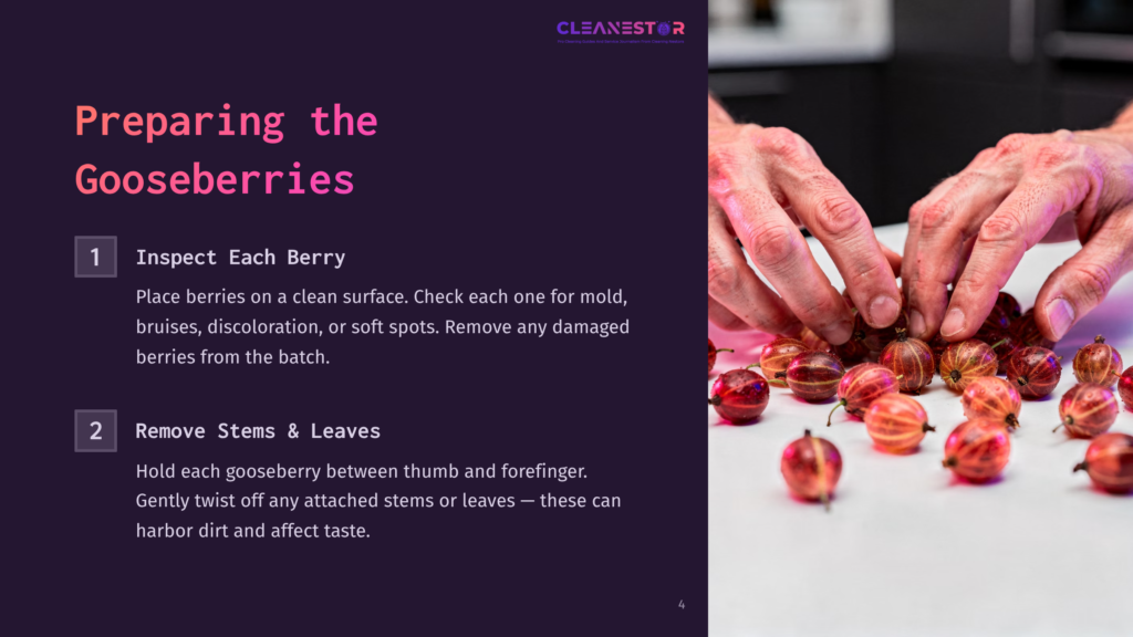 Close-Up Of Hands Sorting Ripe, Red Gooseberries On A Clean Surface. Text Overlay: &Quot;Preparing The Gooseberries: Inspect Each Berry, Remove Stems &Amp; Leaves.