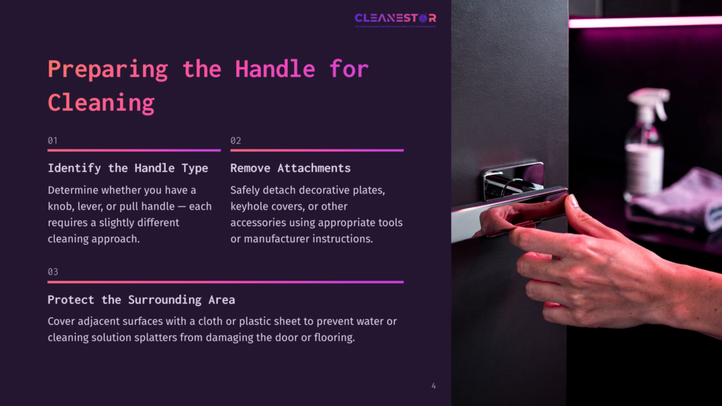 Close-Up Of A Hand Gripping A Modern Door Handle, With Cleaning Spray And Cloth Visible In The Blurred Background. Text Overlay: &Quot;Cleanestor Preparing The Handle For Cleaning.