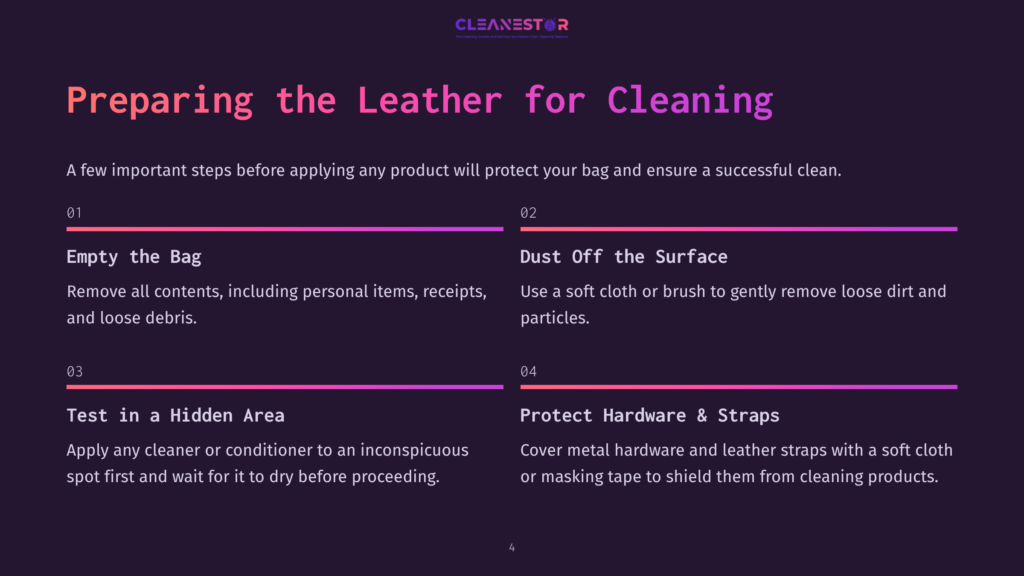A Dark Purple Background With The Cleanestor Logo At The Top, Featuring A Graphic Of A Stylized Bag. The Text &Quot;Preparing The Leather For Cleaning&Quot; Is Prominent, Followed By Four Numbered Steps: &Quot;Empty The Bag,&Quot; &Quot;Dust Off The Surface,&Quot; &Quot;Test In A Hidden Area,&Quot; And &Quot;Protect Hardware &Amp; Straps,&Quot; With Descriptive Text For Each Step.