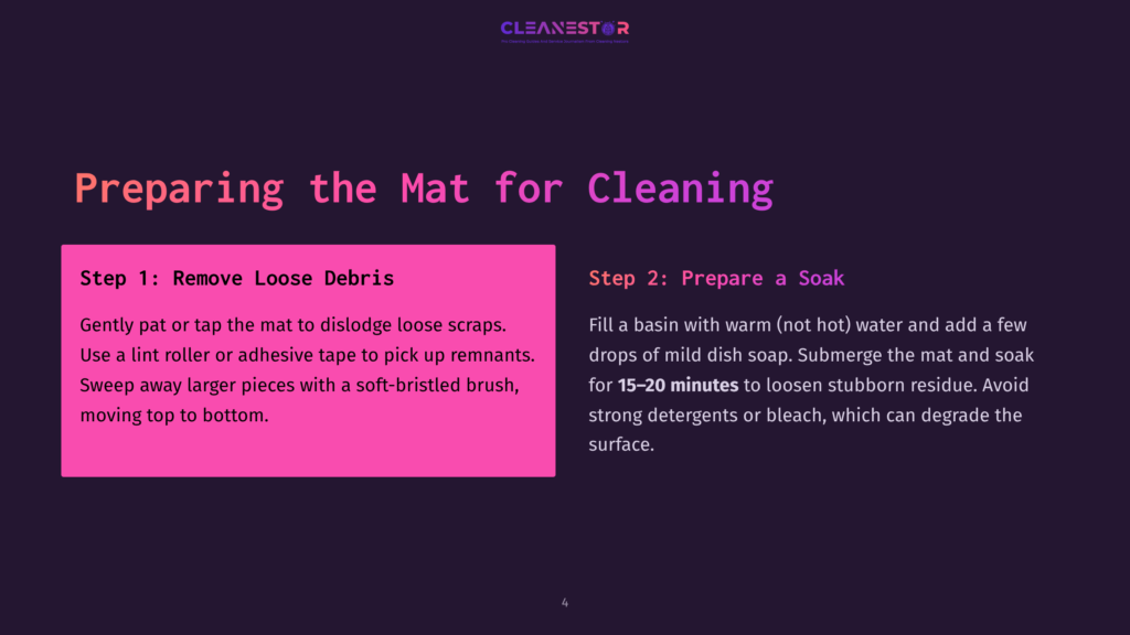 Instructions For Cleaning A Cutting Mat, Featuring Two Steps Outlined In White Text On A Dark Purple Background, With A Bright Pink Box Highlighting The First Step.
