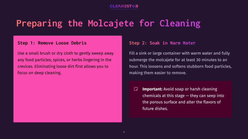 Brightly Colored Infographic Outlining Steps For Cleaning A Molcajete, Featuring Bold Headings, Instructions, And A Cautionary Note In Pink And Purple.