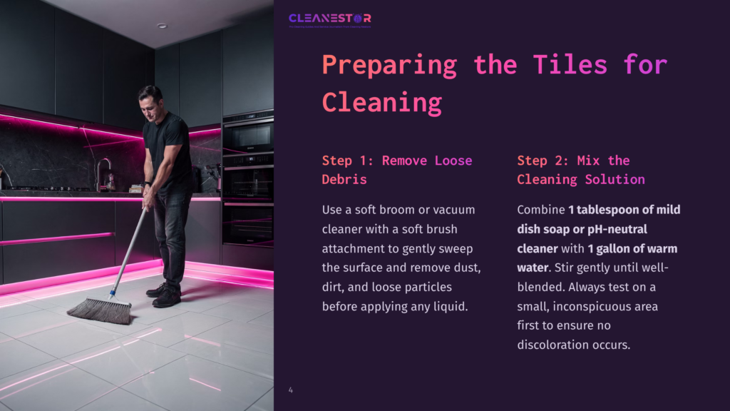 A Person Sweeping Matte Porcelain Tiles With A Vacuum, Surrounded By Modern Kitchen Elements, Pink Lighting, And Cleaning Instructions.