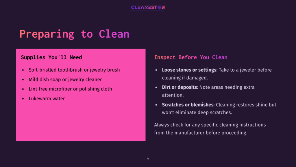 A Pink Sidebar Listing Cleaning Tools Like A Toothbrush And Cloth, Alongside Inspection Tips For Simulated Diamonds In A Dark Background.