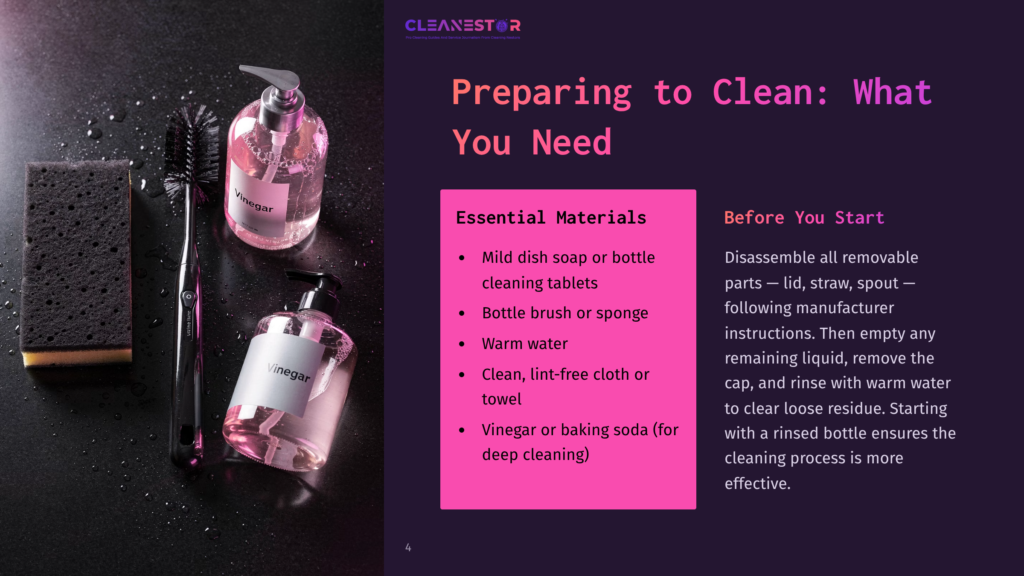 A Cleaning Setup With Two Bottles Of Cleaning Liquid, A Bottle Brush, And A Sponge, With &Quot;Vinegar&Quot; And &Quot;Cleanestor&Quot; Text Visible On The Bottles And Branding.