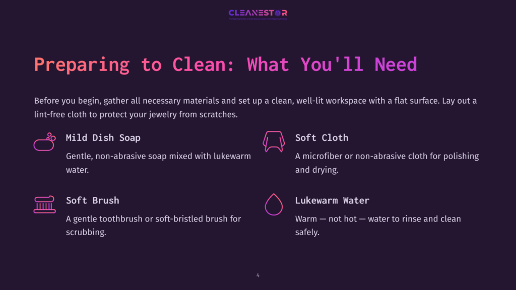 List Of Cleaning Supplies For Gold Vermeil Jewelry, Featuring Mild Dish Soap, Soft Cloth, Soft Brush, And Lukewarm Water, On A Dark Background.