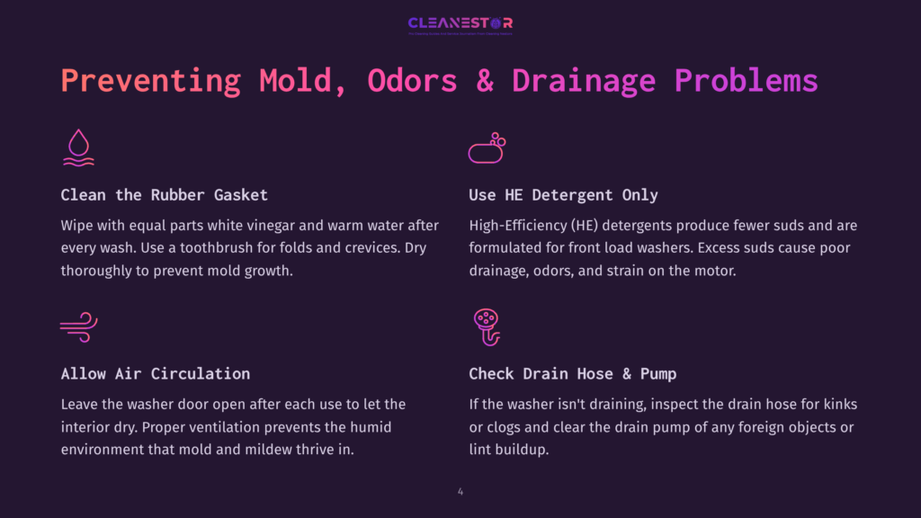 Preventing Mold, Odors &Amp; Drainage Problems In Washing Machines: Clean The Rubber Gasket, Use He Detergent, Allow Air Circulation, And Check Drain Hose &Amp; Pump.