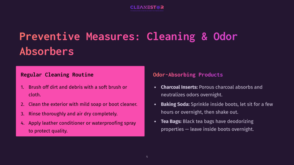 Preventive Measures: Cleaning &Amp; Odor Absorbers. Image Displays A Pink And Purple Graphic With Text Outlining Regular Cleaning Routines For Boots And Odor-Absorbing Products Like Charcoal Inserts And Tea Bags.