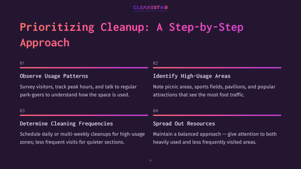 Step-By-Step Guide With Sections For Observing Usage Patterns, Identifying High-Usage Areas, Determining Cleaning Frequencies, And Resource Allocation.