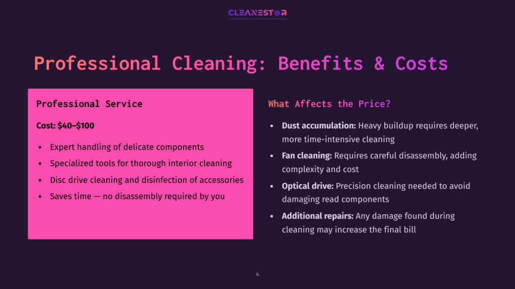 4 Professional Cleaning Benefits And Costs Presentation Slide Titled &Quot;Professional Cleaning: Benefits &Amp; Costs&Quot; Listing Services Like &Quot;Expert Handling Of Delicate Components&Quot; And &Quot;Fan Cleaning&Quot; With Costs Ranging From $40-$100.