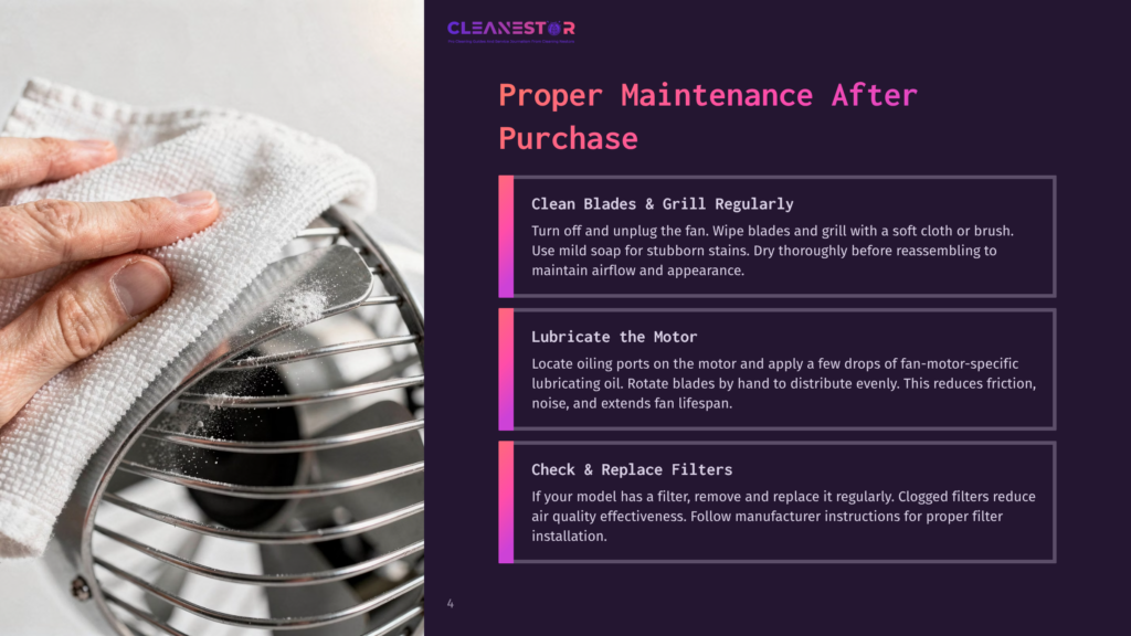 4 Proper Maintenance After Purchase Close-Up Of A Person'S Hand Gently Wiping Dust Off The Chrome Grill Of A Small, Vintage-Style Electric Fan With A White Cloth. Text Overlay: &Quot;Cleanestor Proper Maintenance After Purchase.