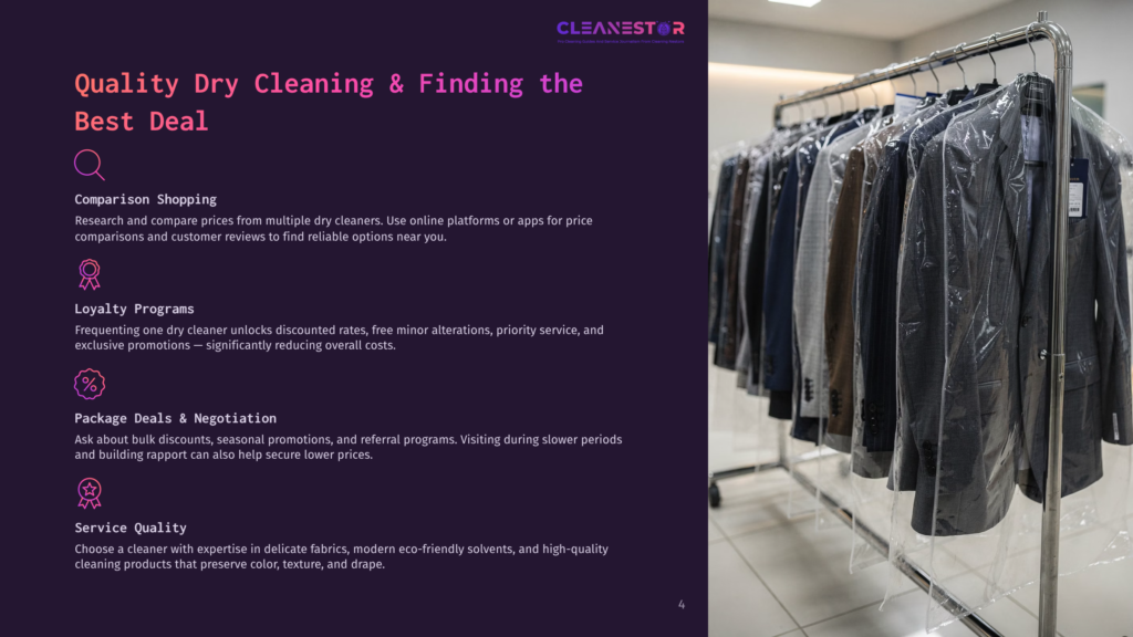 A Rack Of Men'S Suits, Some In Plastic Garment Bags, Hangs In A Brightly Lit Dry Cleaning Facility. The Text &Quot;Cleanestor&Quot; Is Visible At The Top Of The Image.