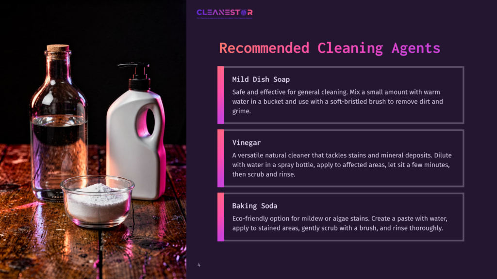 4 Recommended Cleaning Agents Cleanestor Logo And Text: &Quot;Recommended Cleaning Agents&Quot; With Descriptions For Mild Dish Soap, Vinegar, And Baking Soda, Alongside A Photo Of Cleaning Supplies.
