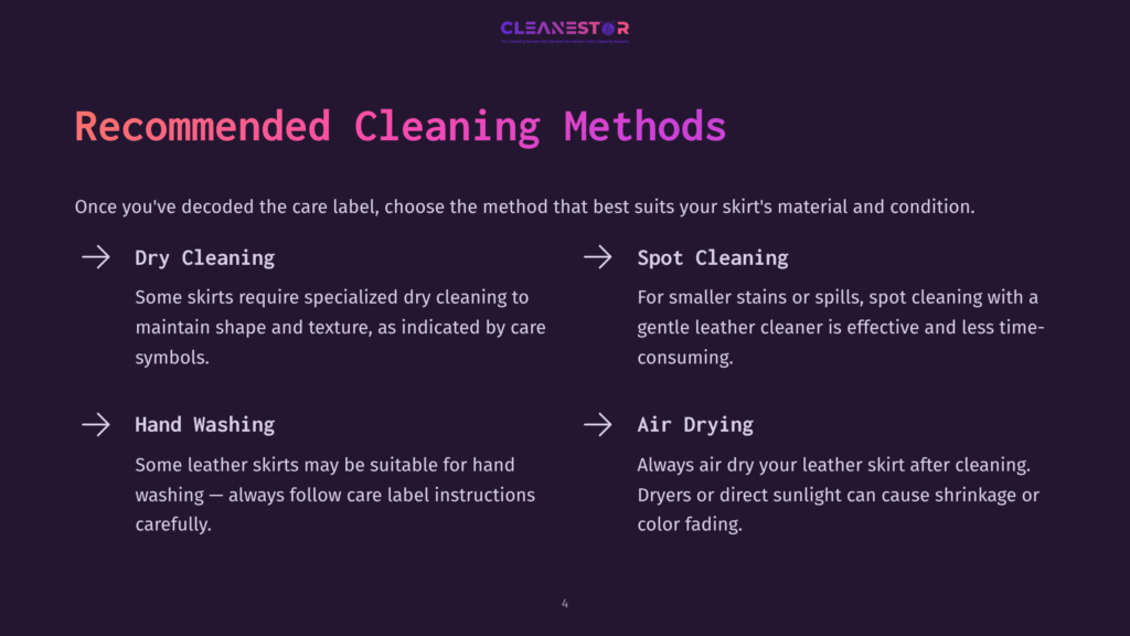Text On A Purple Background Outlines Recommended Cleaning Methods For Leather Skirts, Including Spot Cleaning And Air Drying Instructions.
