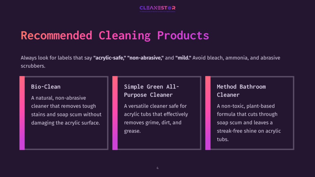 List Of Recommended Cleaning Products With Descriptions, Featuring A Dark Background, Pink Headings, And Clear Text On Safe Cleaning Options.
