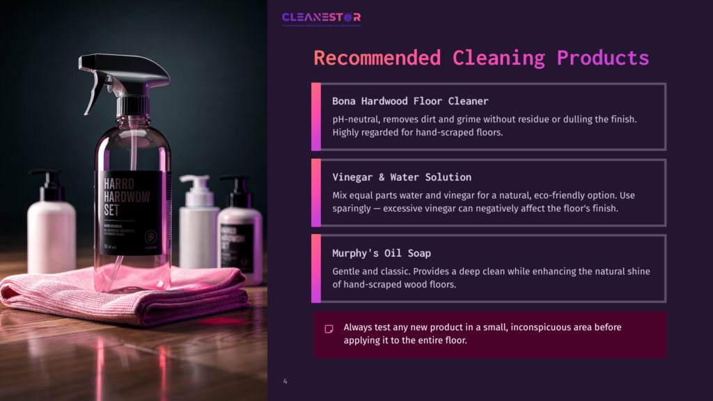 A Bottle Of Harro Hardwood Floor Cleaner Sits On A Pink Microfiber Cloth On A Wooden Floor, With Other Cleaning Supplies In The Background.