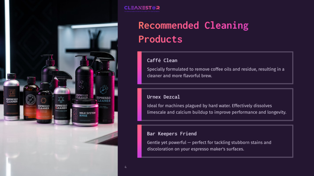 Espresso Machine Cleaning Products, Including Espresso Cleaner Bottles And Milk System Rinse, Are Displayed On A Dark Surface With A Blurred Background.