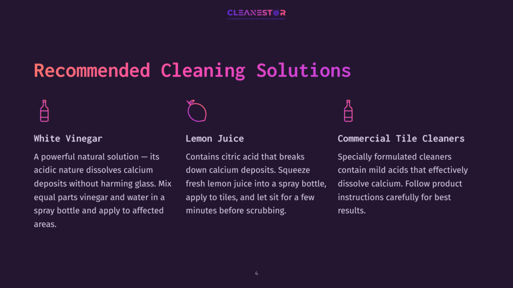 Three Cleaning Solutions Are Listed: White Vinegar, Lemon Juice, And A Commercial Tile Cleaner, With Descriptions In Pink Text On A Dark Background.