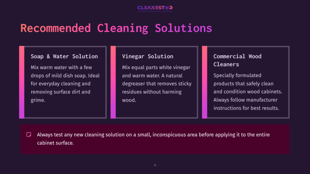 Three Cleaning Solution Options Are Presented In Boxes: Soap &Amp; Water, Vinegar, And Commercial Cleaners, With Instructions In A Clear Layout.