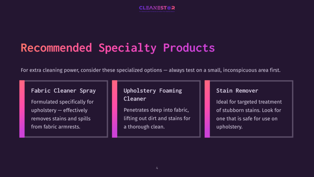 A Dark Purple Gradient Background With The Text &Quot;Recommended Specialty Products&Quot; In Large White And Pink Lettering. Three Product Cards Are Displayed: &Quot;Fabric Cleaner Spray,&Quot; &Quot;Upholstery Foaming Cleaner,&Quot; And &Quot;Stain Remover,&Quot; Each With A Brief Description.