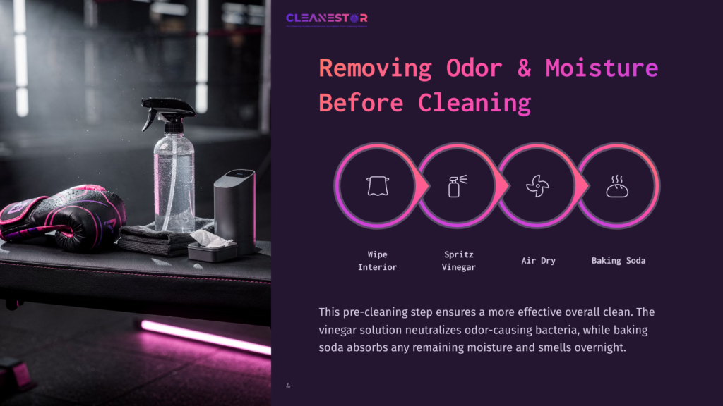 Cleanestor Graphic: Removing Odor &Amp; Moisture Before Cleaning. Steps Include Wipe Interior, Spritz Vinegar, Air Dry, Baking Soda. Boxing Gloves And Spray Bottle In Background.