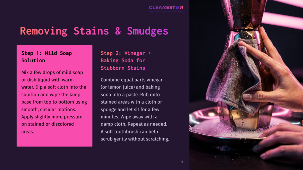 4 Removing Stains And Smudges Close-Up Of Hands Cleaning A Shiny Metal Object With A Gray Cloth, With Foam And Water In A Silver Basin Below. Text Overlay Details Cleaning Solutions For Removing Stains &Amp; Smudges.