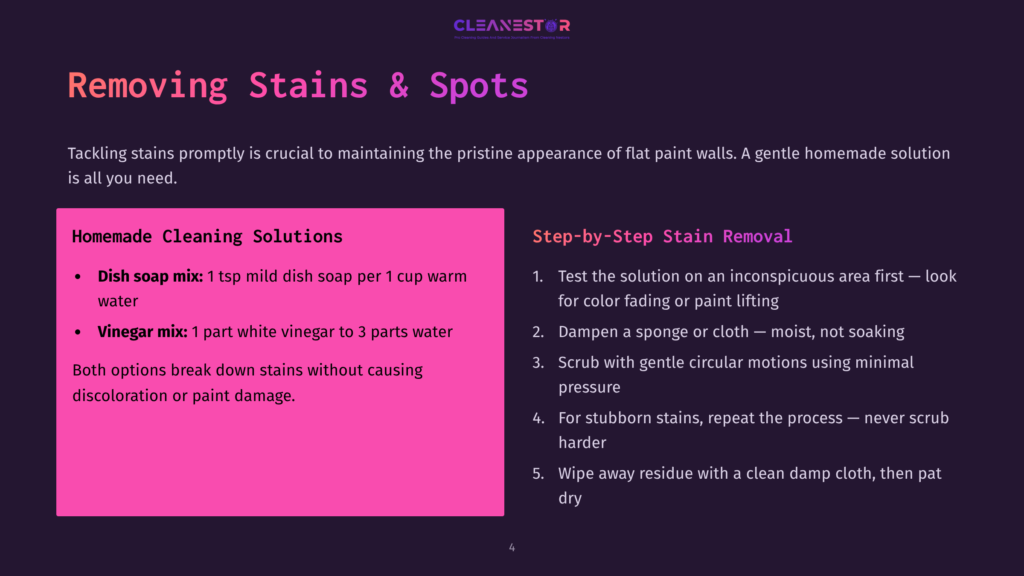 Bright Pink Text Highlights Homemade Cleaning Solutions, With A Dark Background Outlining Step-By-Step Stain Removal Methods For Flat Paint Walls.
