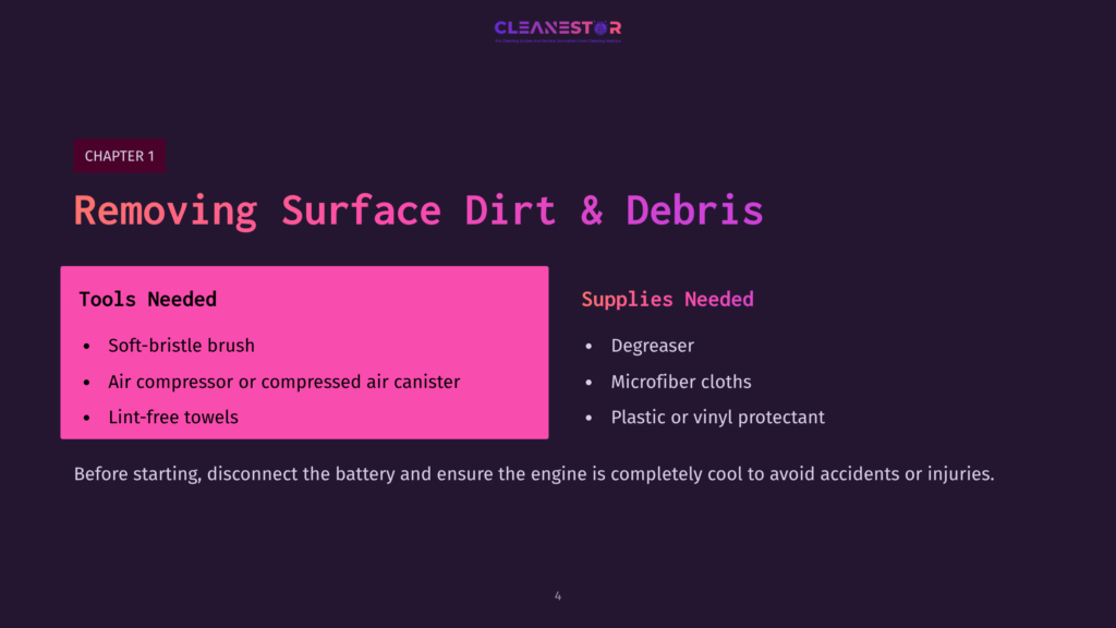 4 Removing Surface Dirt And Debris 1 Chapter 1: Removing Surface Dirt &Amp; Debris. Tools Needed: Soft-Bristle Brush, Air Compressor, Lint-Free Towels. Supplies Needed: Degreaser, Microfiber Cloths, Plastic Or Vinyl Protectant. The Text Also Includes The Cleanestor Logo.