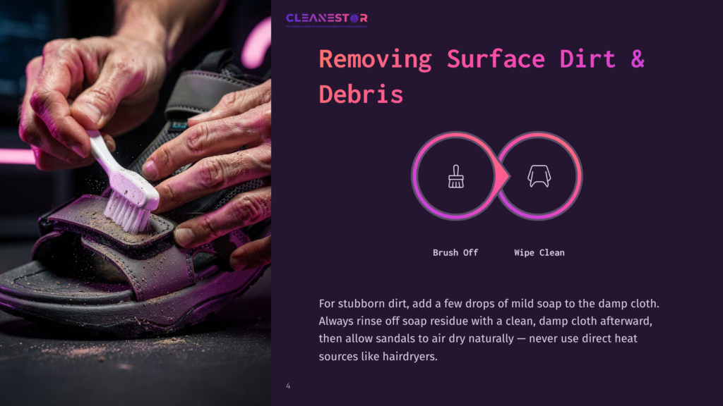 Close-Up Of A Hand Using A Toothbrush To Clean A Dark Sandal, With Text Advising On Cleaning Techniques And Two Icons: Brush And Cloth.