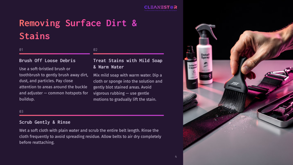 A Cleaning Guide With A Pink And Purple Gradient Background Displaying A Brush, Soap, Water, And Cleaning Supplies Next To Text Instructions.