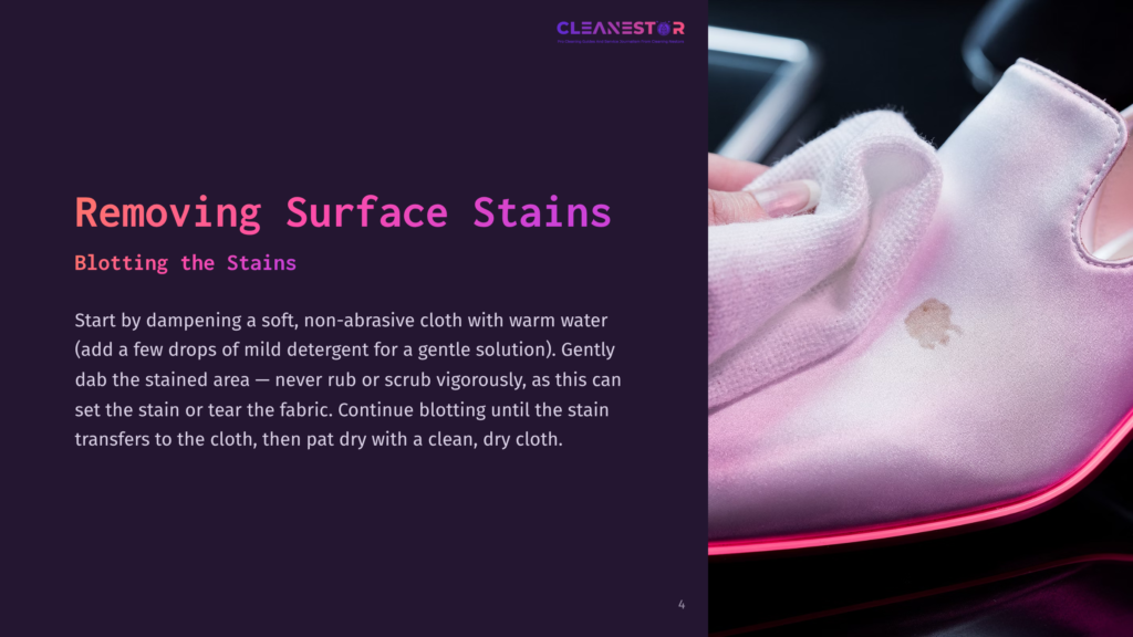 Cleanestar Logo At The Top. A Hand Gently Blots A Light-Colored Shoe With A White Cloth To Remove A Surface Stain, With Instructions On Removing Stains From Shoes.