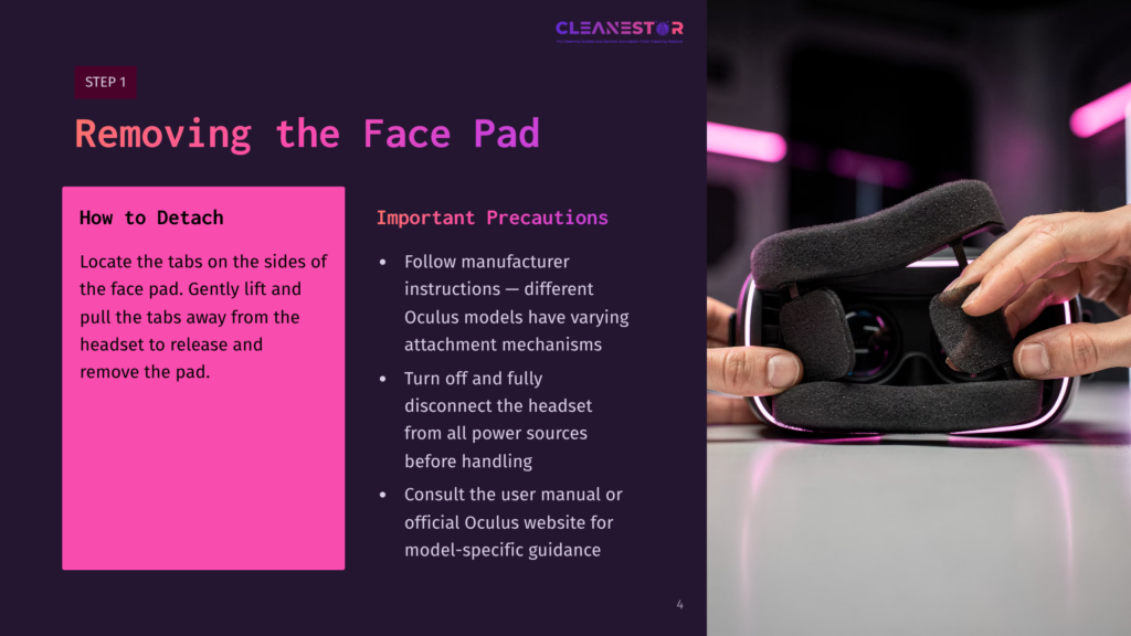 Close-Up Of Hands Removing A Vr Headset Face Pad, With Text Overlay &Quot;Removing The Face Pad&Quot; And &Quot;How To Detach&Quot; Instructions.