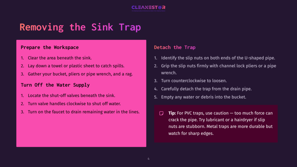 A Bright Pink Workspace With A Sink, Tools Like A Pipe Wrench, And A Rag, Alongside Step-By-Step Instructions On Cleaning The Sink Trap.