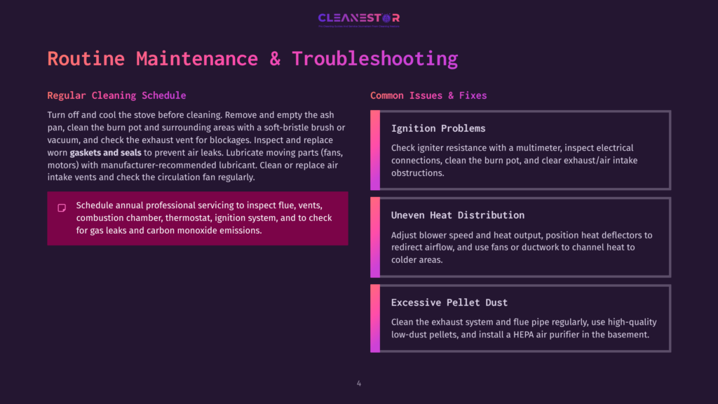 Cleanestor Logo Above A Graphic Detailing &Quot;Routine Maintenance &Amp; Troubleshooting&Quot; For Stoves, Including &Quot;Regular Cleaning Schedule&Quot; And &Quot;Common Issues &Amp; Fixes&Quot; Like Ignition Problems And Uneven Heat Distribution.