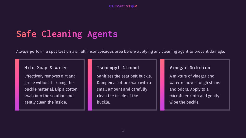 List Of Safe Cleaning Agents For Seat Belt Buckles: Mild Soap And Water, Isopropyl Alcohol, And Vinegar Solution, With Their Uses And Instructions.