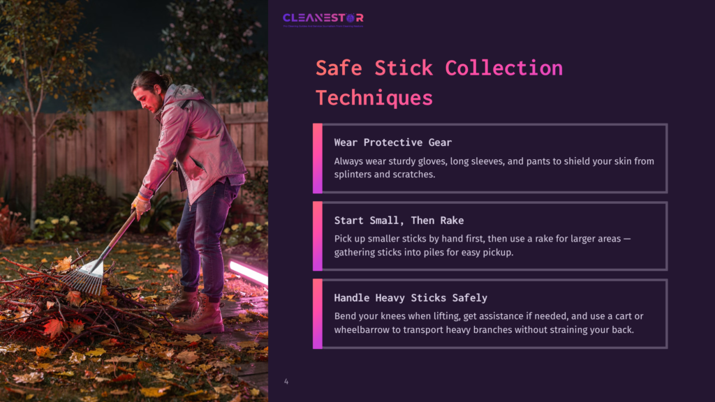 A Man In A Gray Jacket And Jeans Rakes A Large Pile Of Fallen Leaves And Branches In A Yard At Dusk, With The Text &Quot;Cleanestor Safe Stick Collection Techniques&Quot; Visible On The Right.