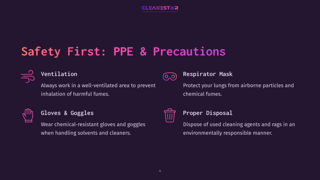 Safety First: Ppe &Amp; Precautions Slide Featuring Icons For Ventilation, Respirator Mask, Gloves &Amp; Goggles, And Proper Disposal, With Text Detailing Safe Cleaning Practices.