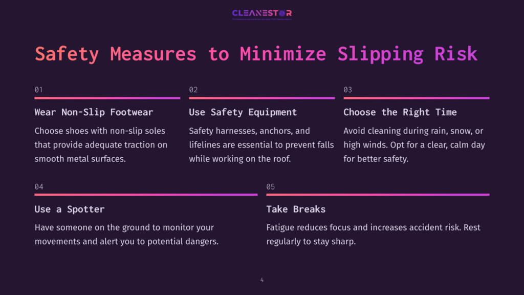 Safety Measures To Prevent Slipping While Cleaning A Metal Roof, Including Tips On Footwear, Equipment, Timing, And Taking Breaks.